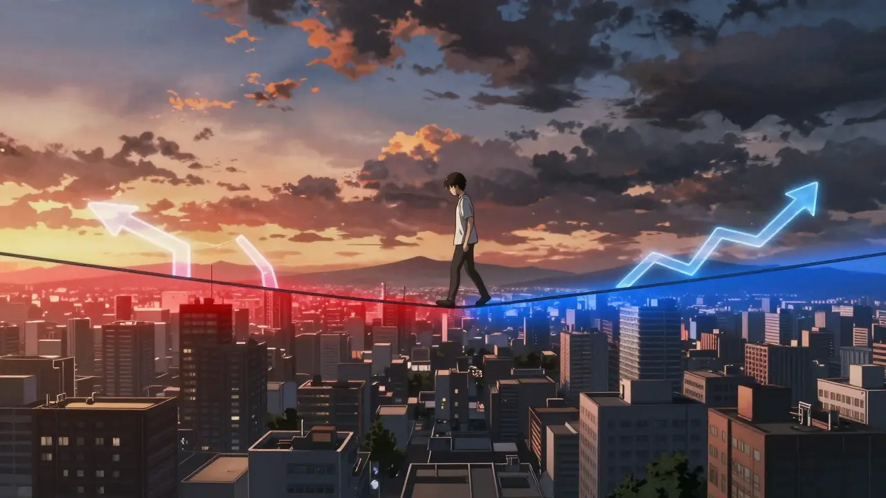 A conceptual image of a person balancing on a glucose line between hyper and hypoglycemia.