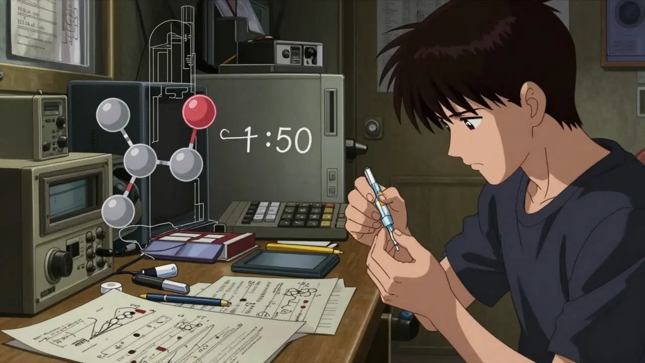 A detailed scene of a person calculating insulin doses with a correction factor formula nearby.