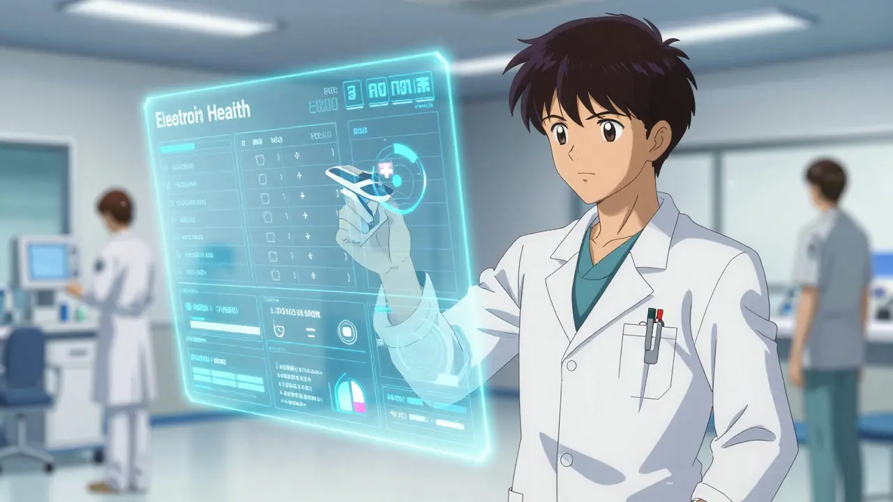 A futuristic holographic medical interface showing integrated health records and safety data.