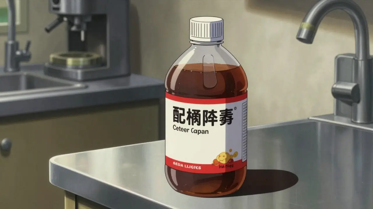 A large bulk bottle of generic acetaminophen on a detailed counter in a realistic anime style.