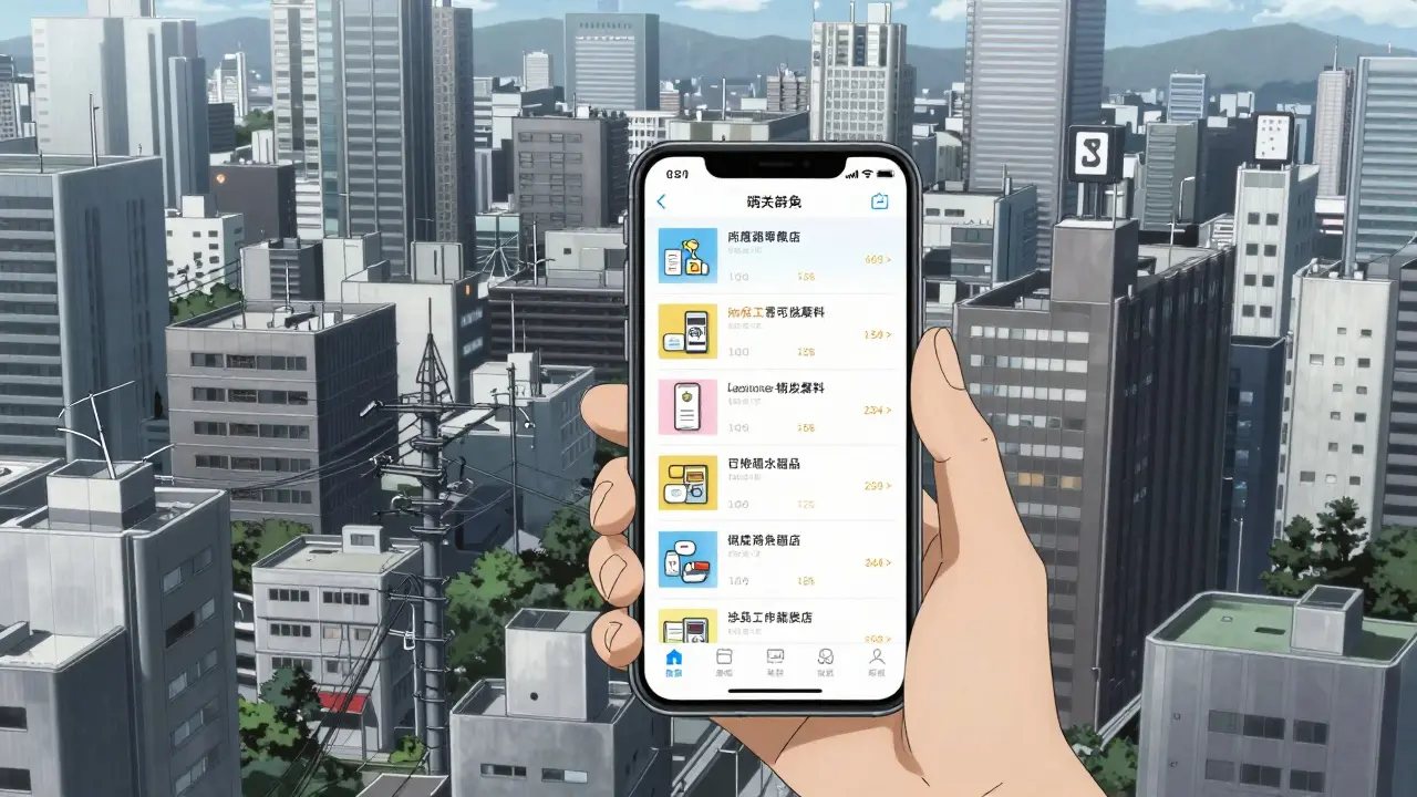 A person using a price comparison app on a smartphone against a detailed city background.