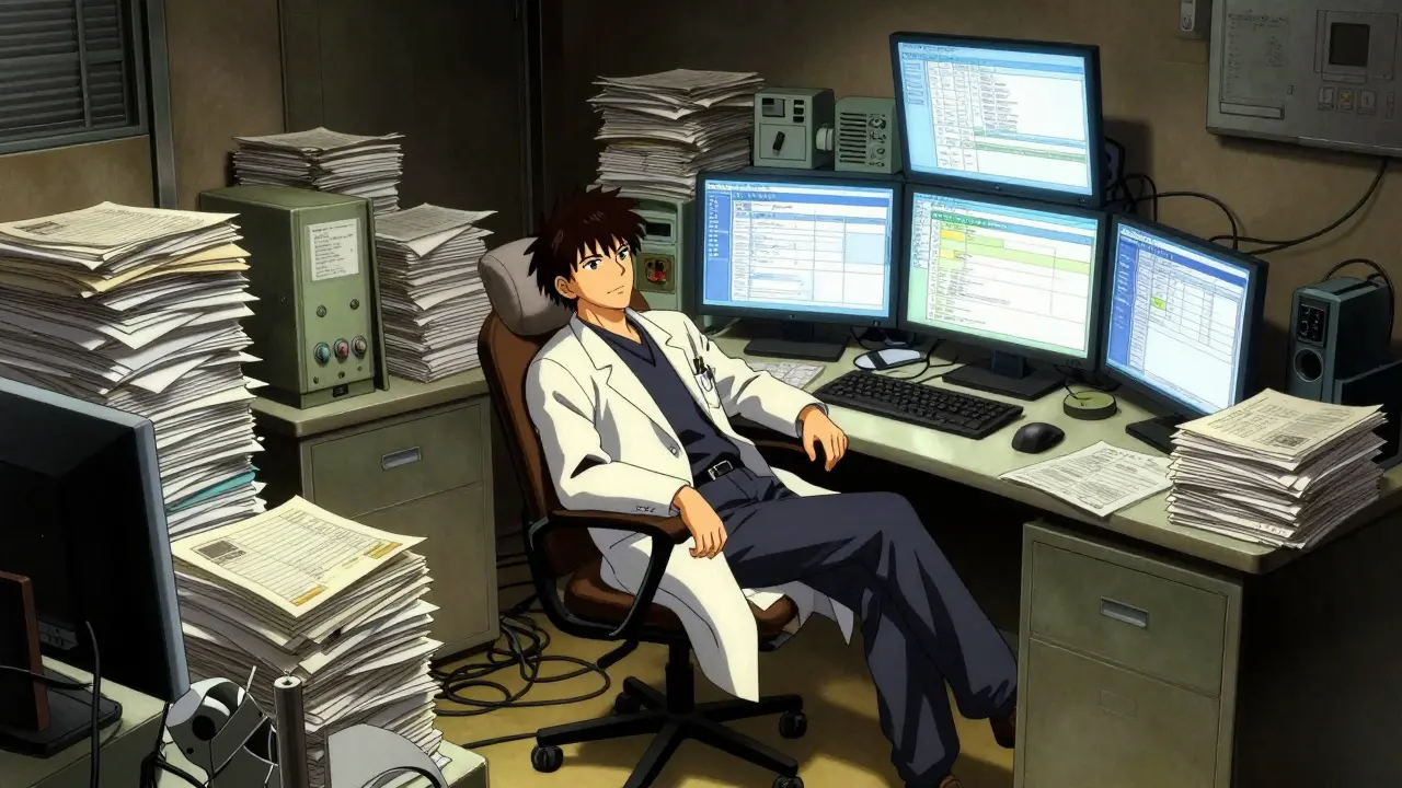 An exhausted doctor at a desk overwhelmed by paperwork and computer screens in a detailed office.