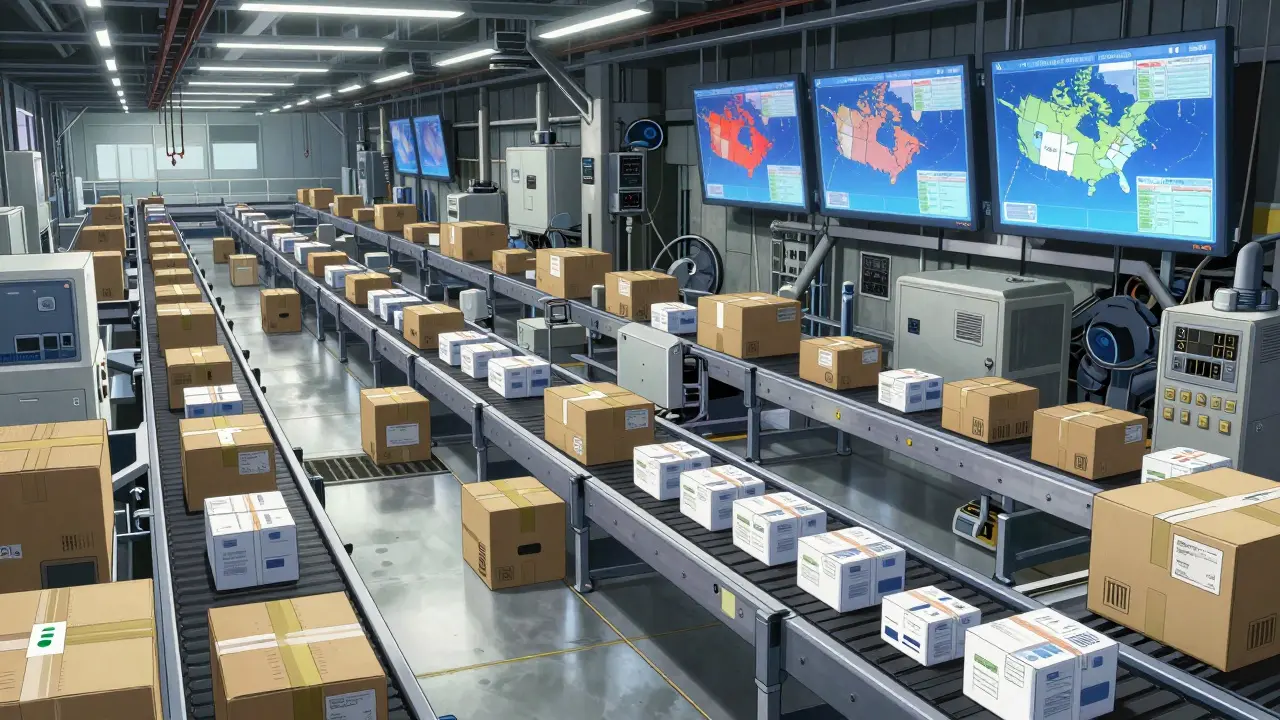 An industrial pharmacy shipping center with packages and digital maps in anime style.