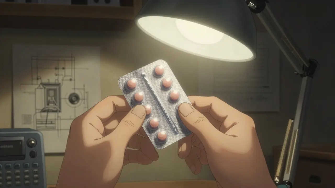 Close-up of a person inspecting medication tablets at a desk