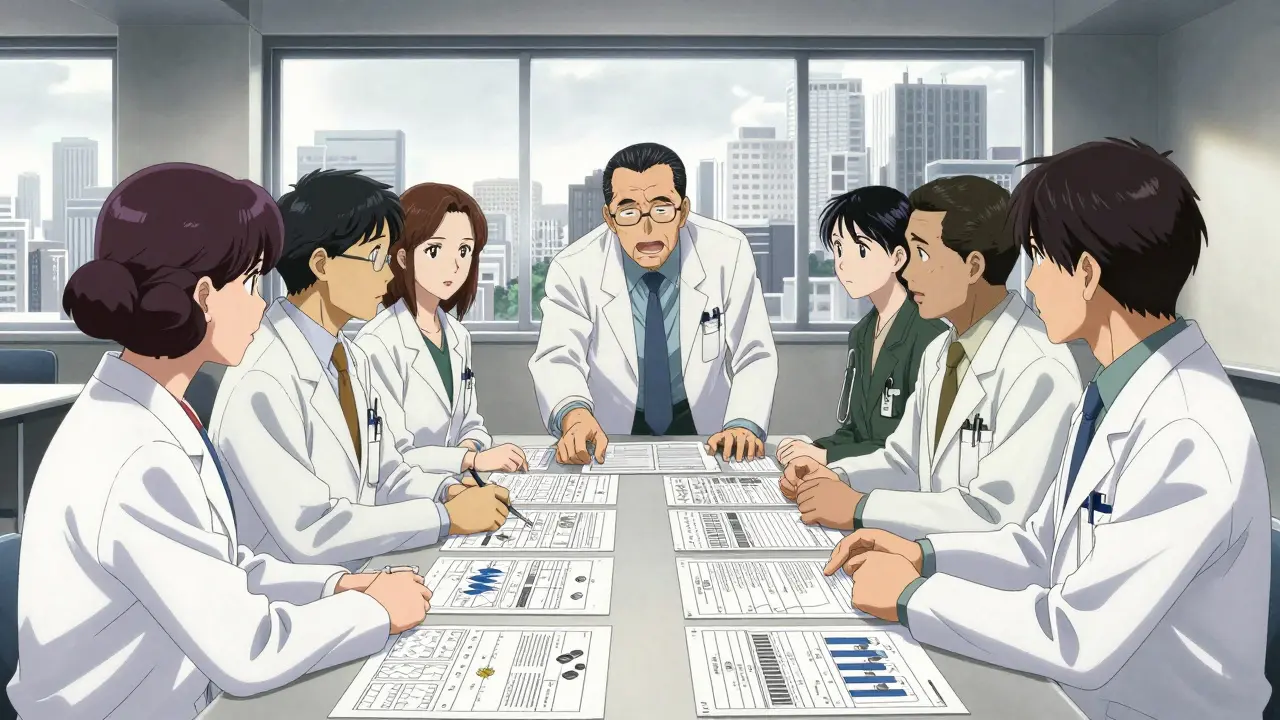 Doctors collaborating and studying evidence-based data in a modern workshop