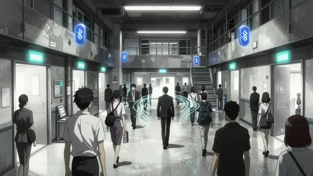 Hospital corridor with floating navigation beacons for patients