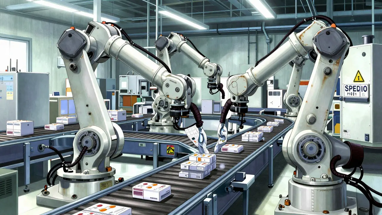 Industrial automated pharmacy sorting system with mechanical arms