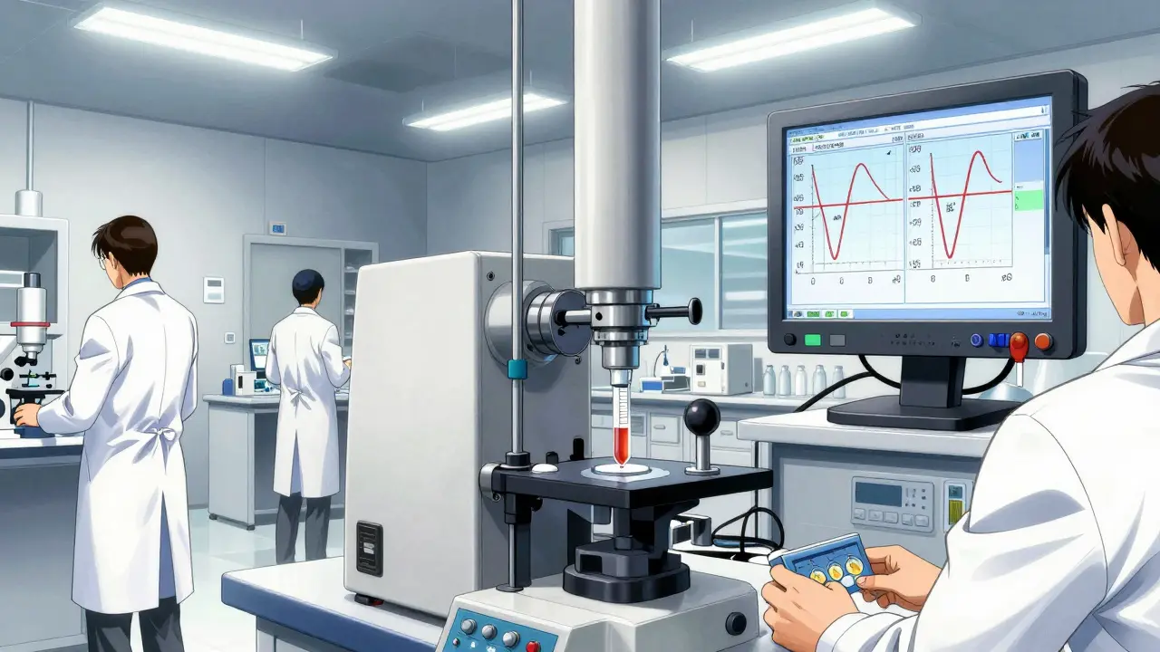 Scientists in a high-tech lab analyzing bioequivalence curves on a monitor in detailed manga style.