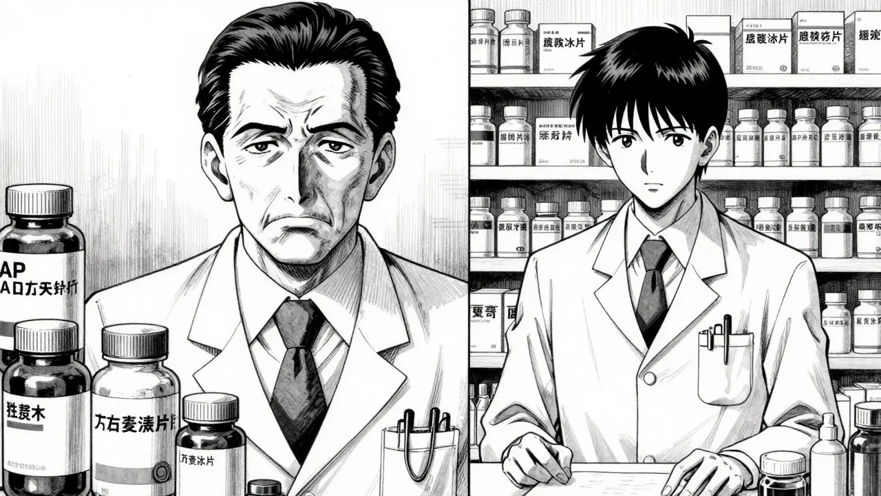 Split view of a skeptical specialist doctor and a confident pharmacist