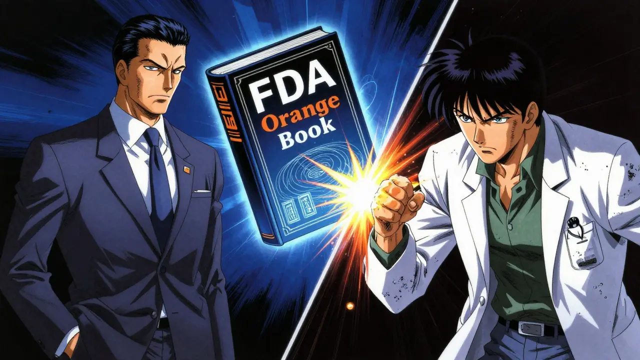 Two opposing legal figures clashing over a glowing digital reference book in a dramatic anime scene.