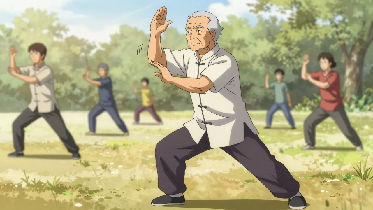 Anime character practicing Tai Chi in a park for balance and health