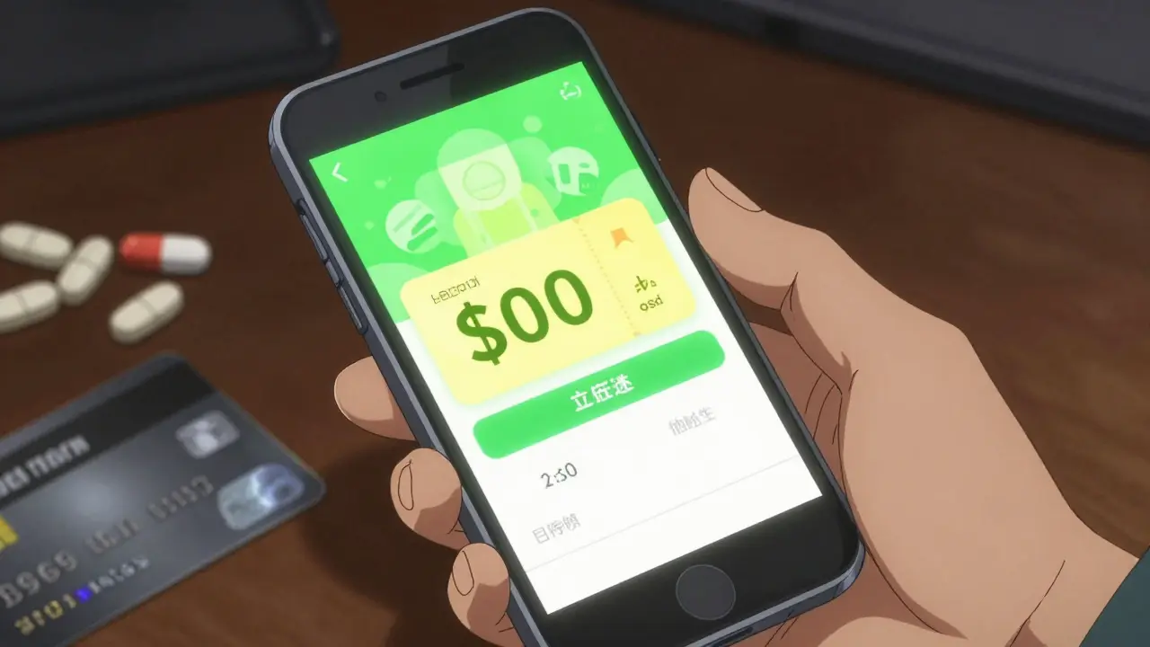 Close-up of a phone showing discount coupons with pills nearby in Otomo style.