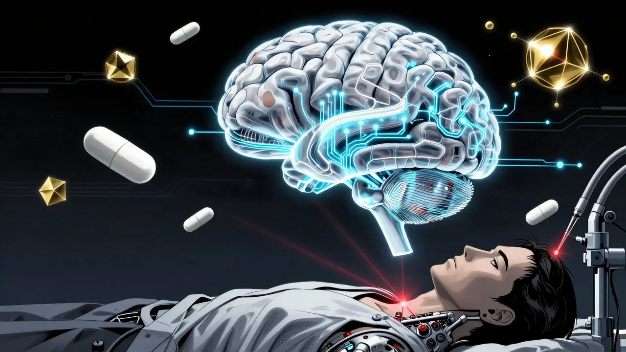 Cyberpunk brain illustration showing dopamine and DBS surgery details
