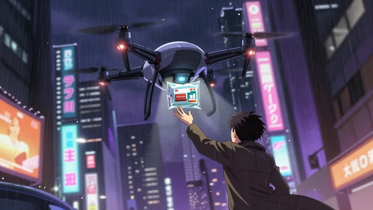 Delivery drone carrying medicine package in rainy cyberpunk city at night