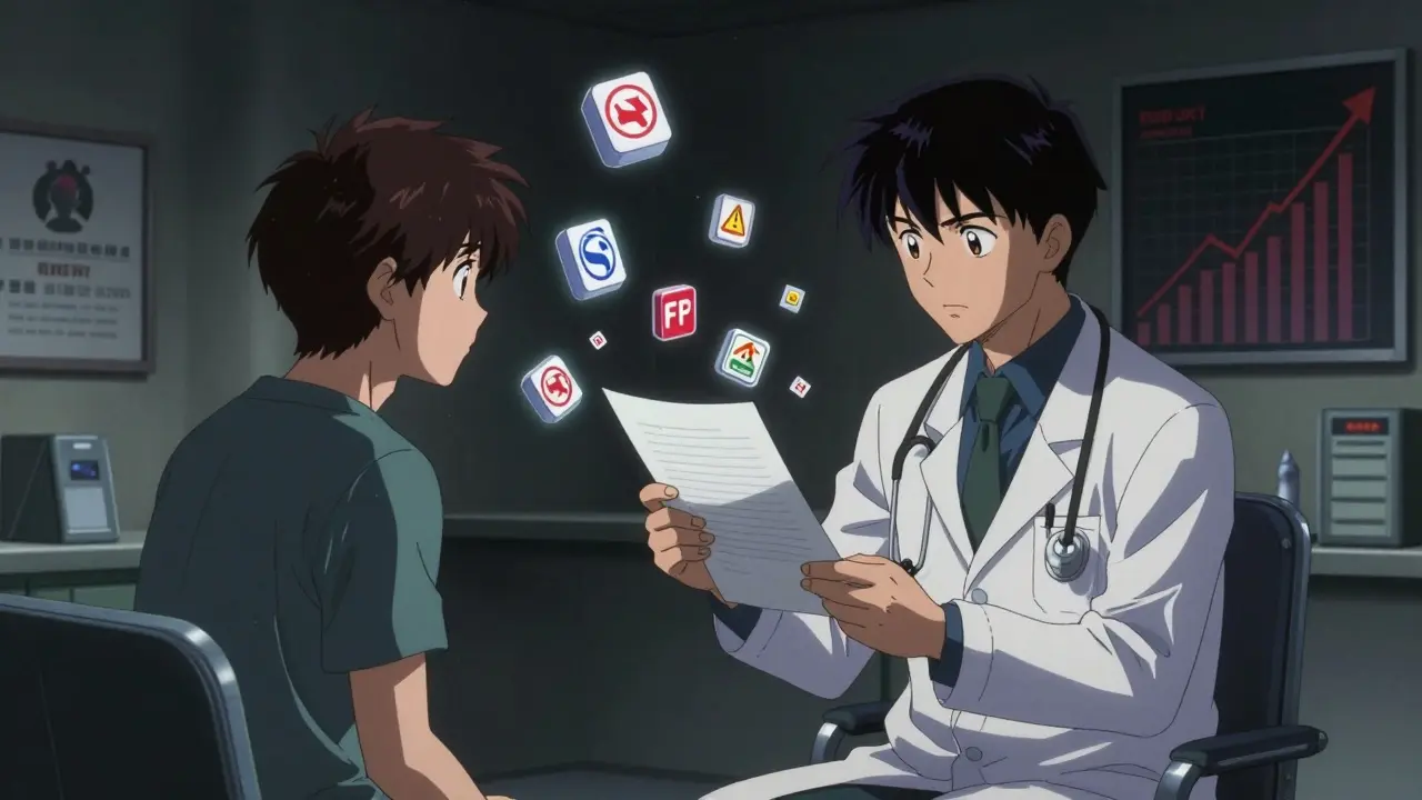 Doctor explaining generic equivalence to a skeptical patient in a dark clinic.