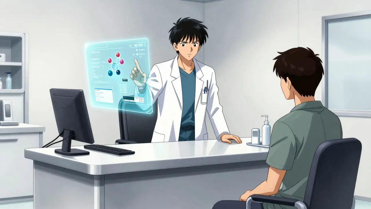 Doctor explaining medication details to patient in clinic