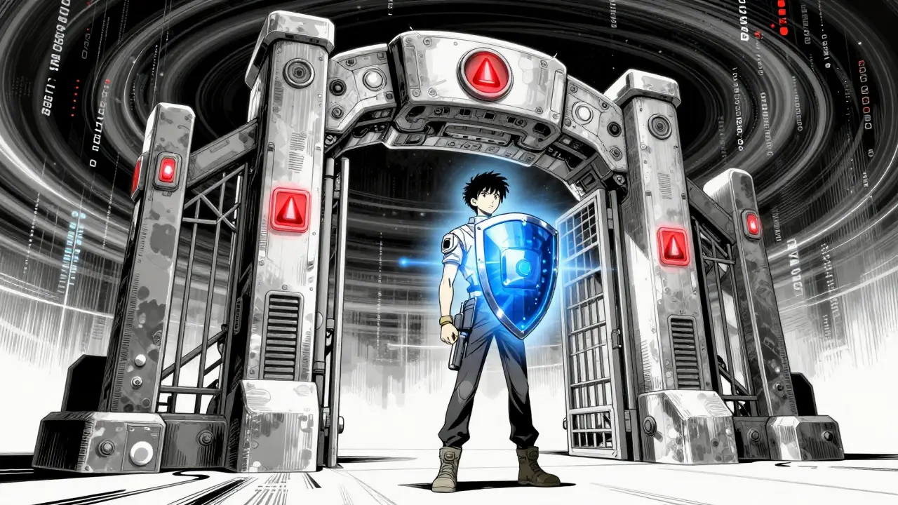 Figure standing before a digital security gate in gritty manga art style.