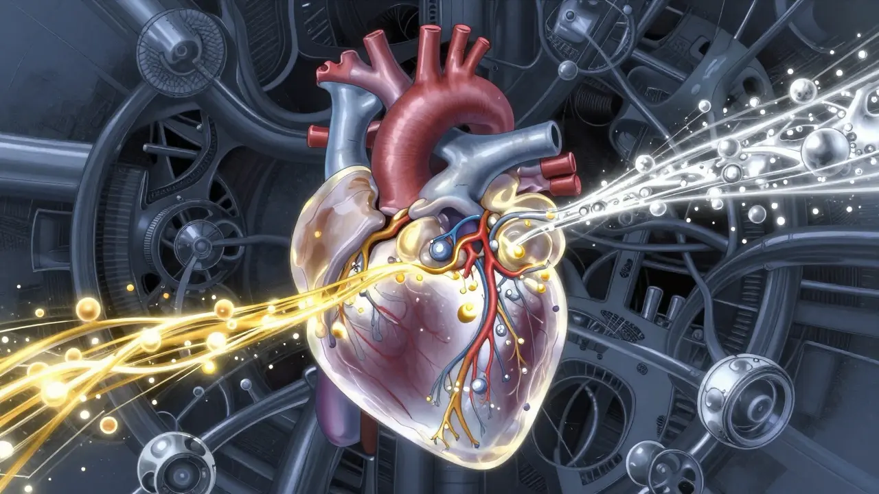 Glowing gold and silver drug particles merging identically in a stylized bloodstream.