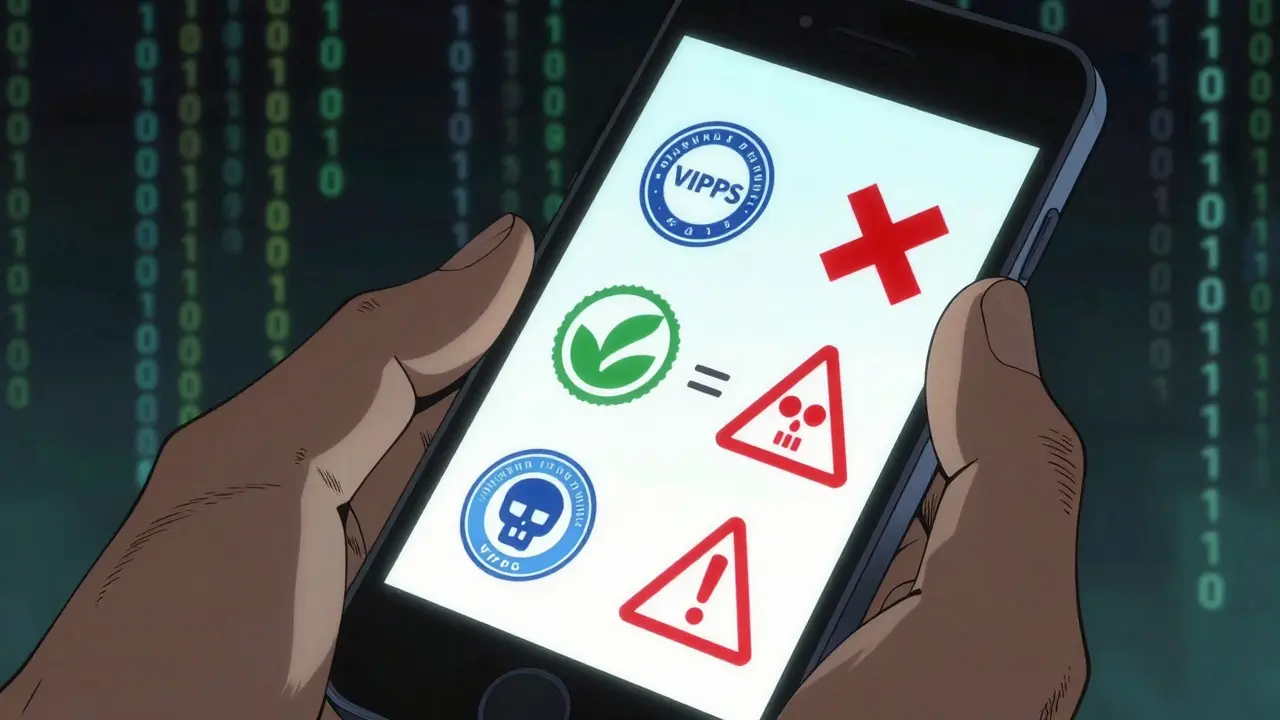 Hand holding phone showing safe vs unsafe pharmacy icons
