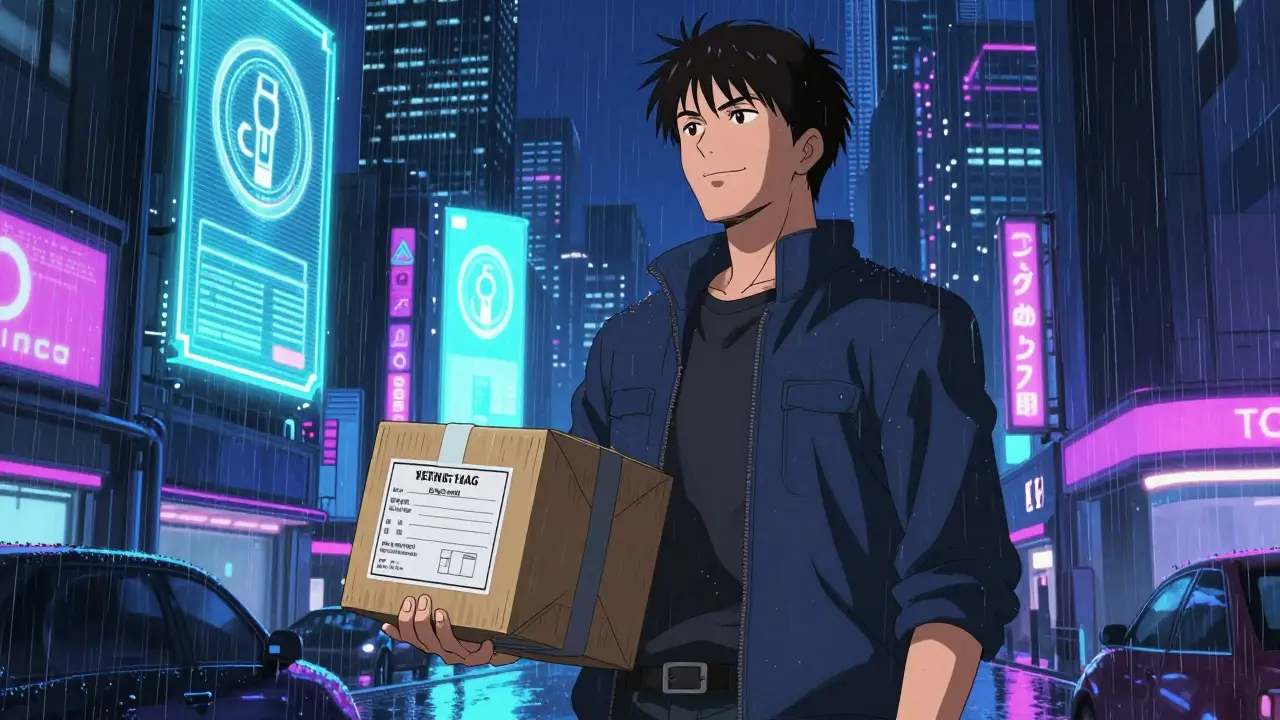Man holding secure medical package in cyberpunk city