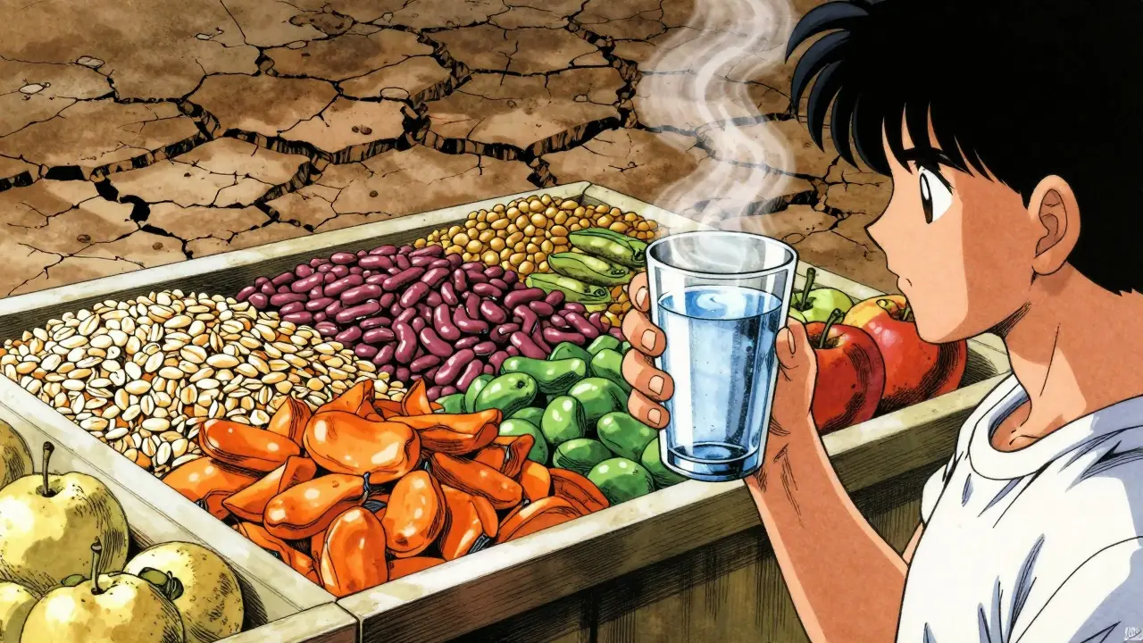 Manga art showing healthy fiber foods and water glass