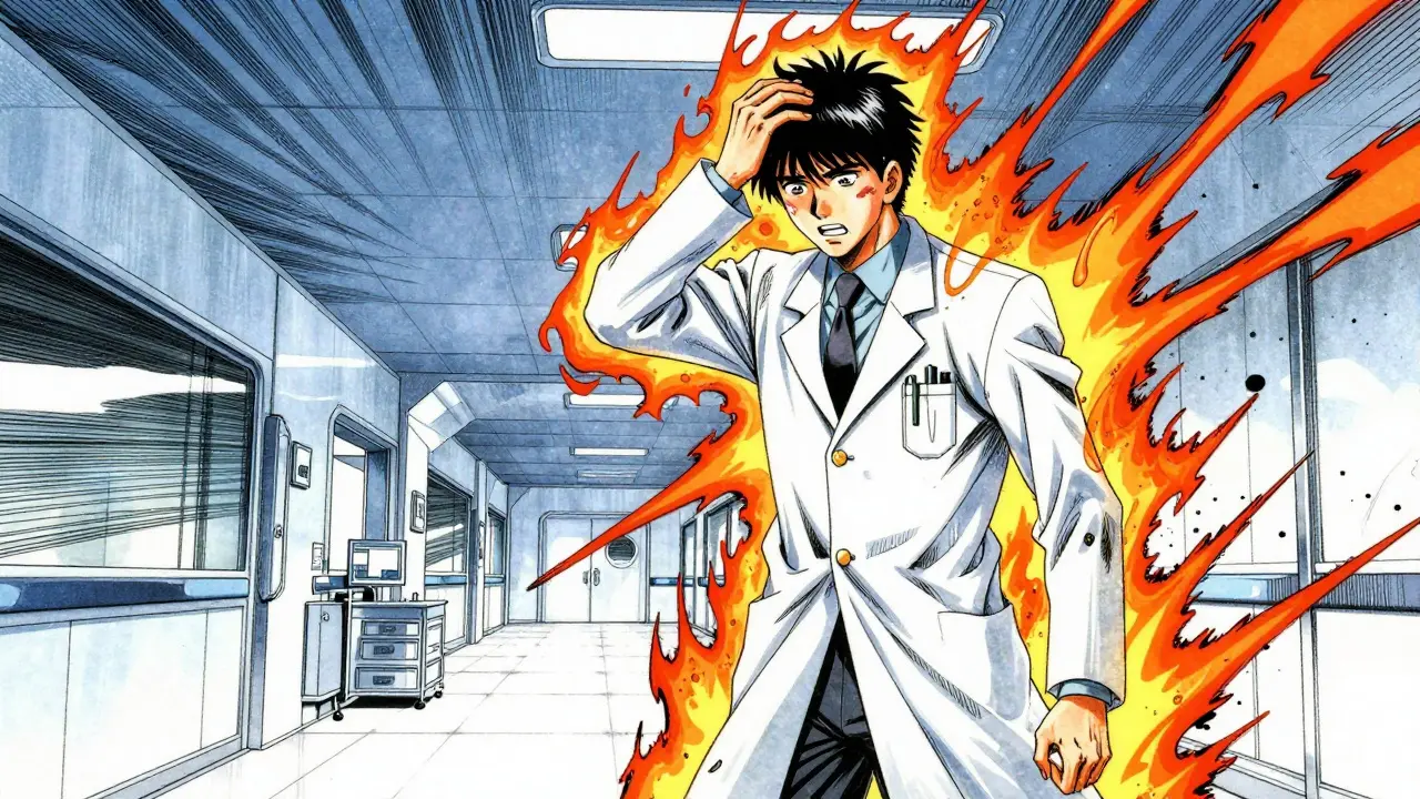 Manga character experiencing serotonin syndrome symptoms in a futuristic hospital.