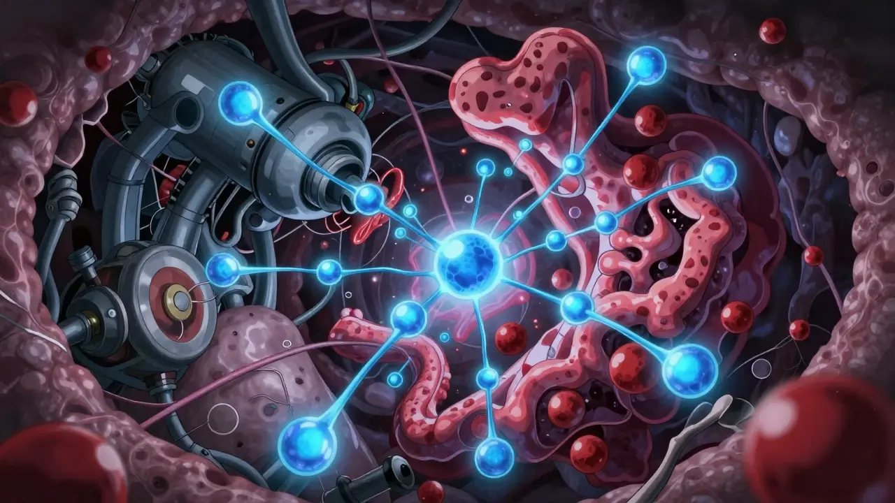 Microscopic view of calcium binding to drug molecules in anime style