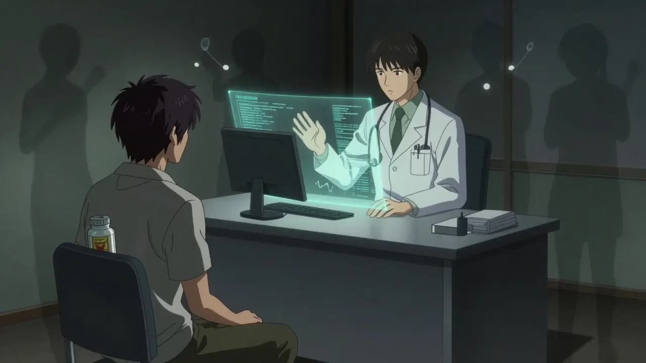 Patient hiding supplements from doctor in a dark, tense Otomo-style illustration.