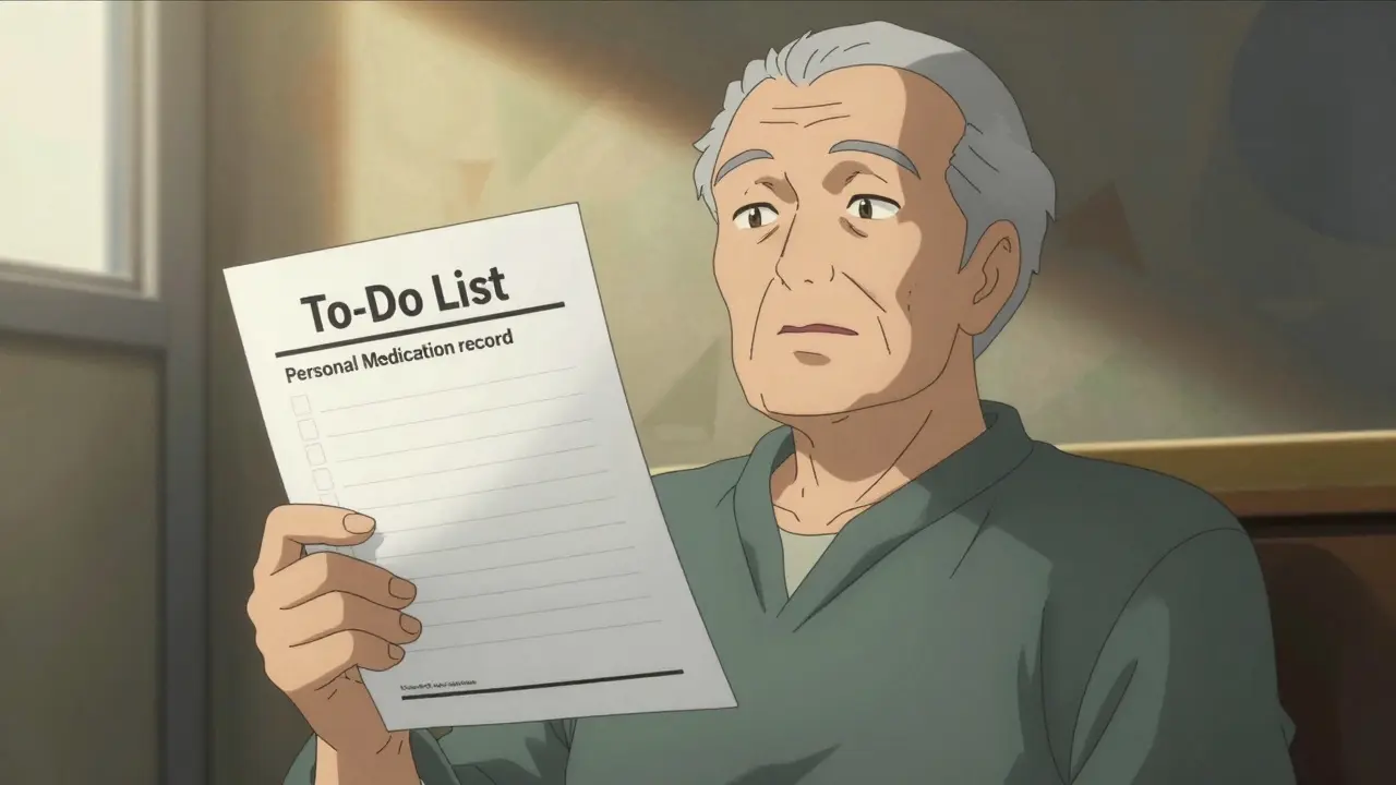 Patient holding medication list looking empowered and relieved