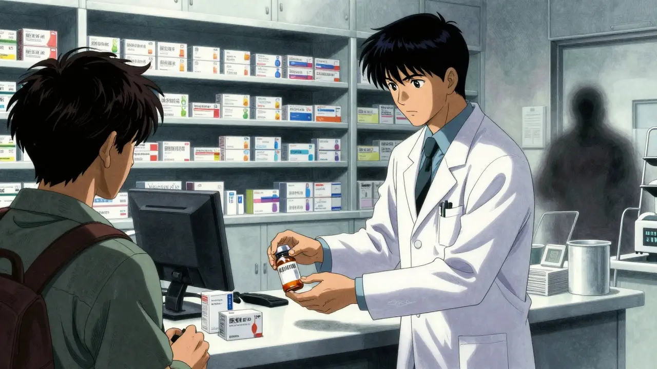Pharmacist handing legitimate prescription medicine in secure pharmacy