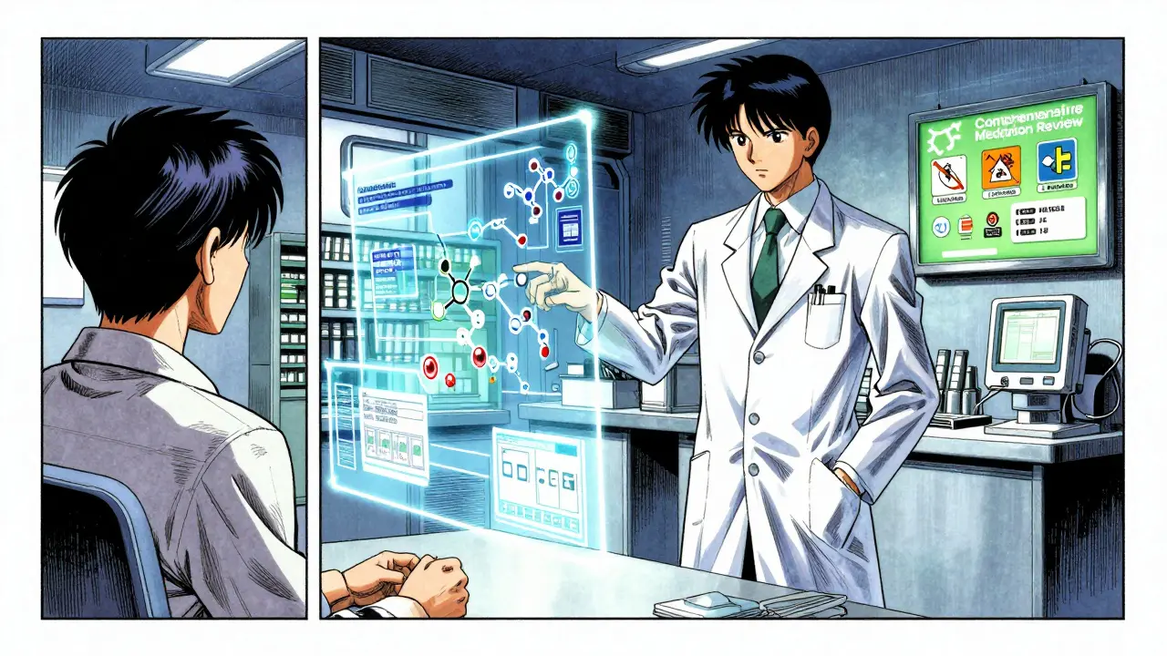 Pharmacist reviewing meds with holographic data in sci-fi style