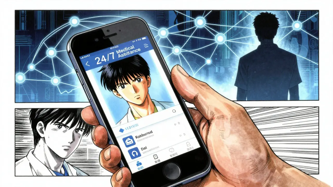Smartphone showing medical assistance app connecting traveler to doctor