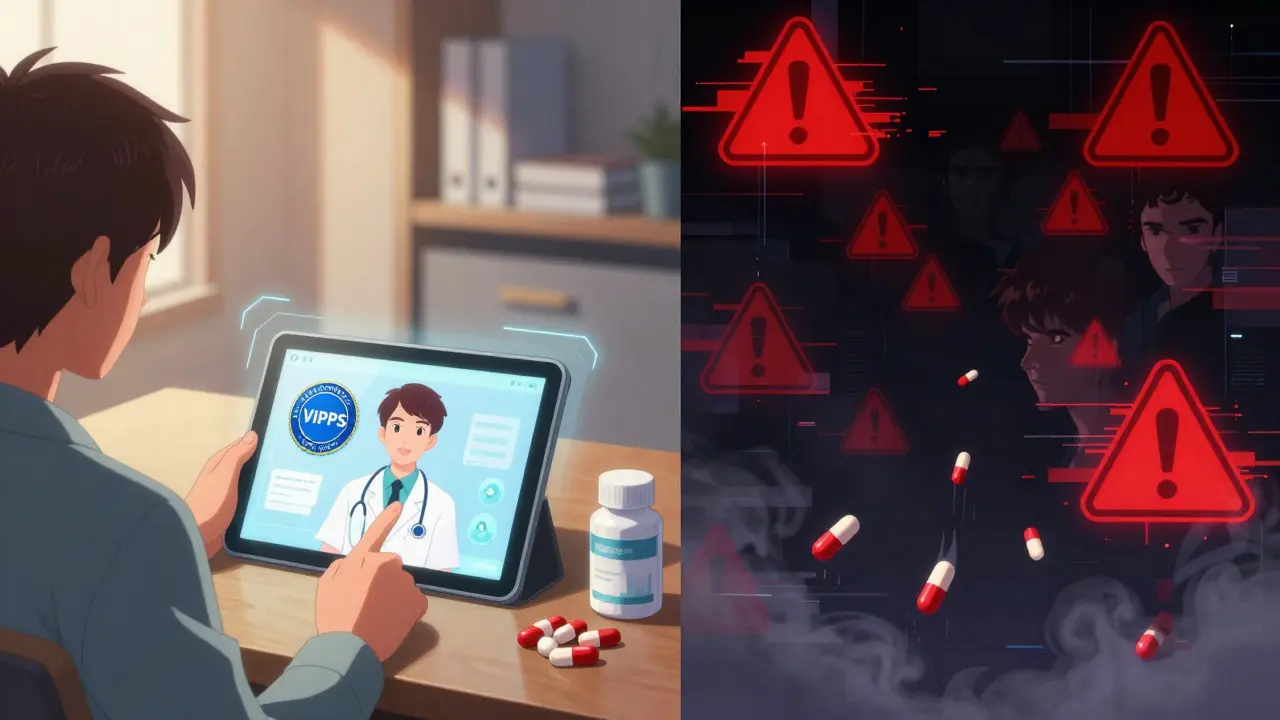 Split scene showing safe telehealth vs dangerous fake pharmacies in manga art