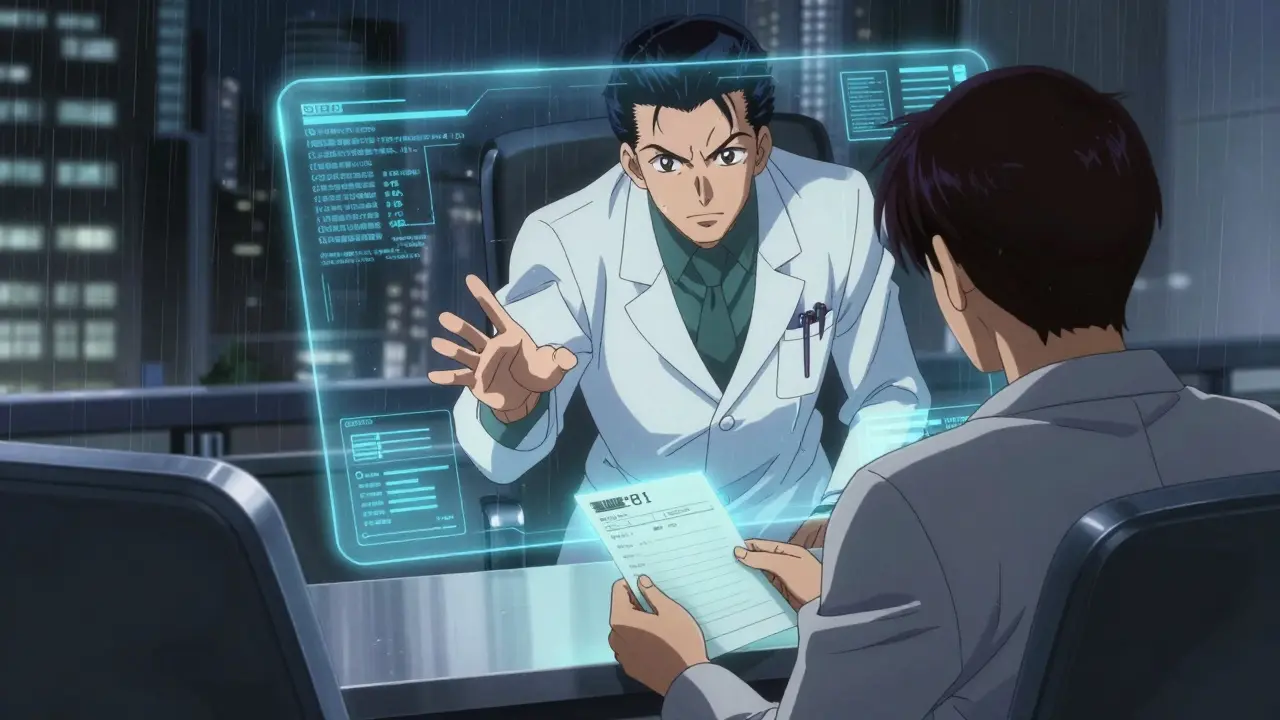 Telehealth doctor consulting via hologram in anime style