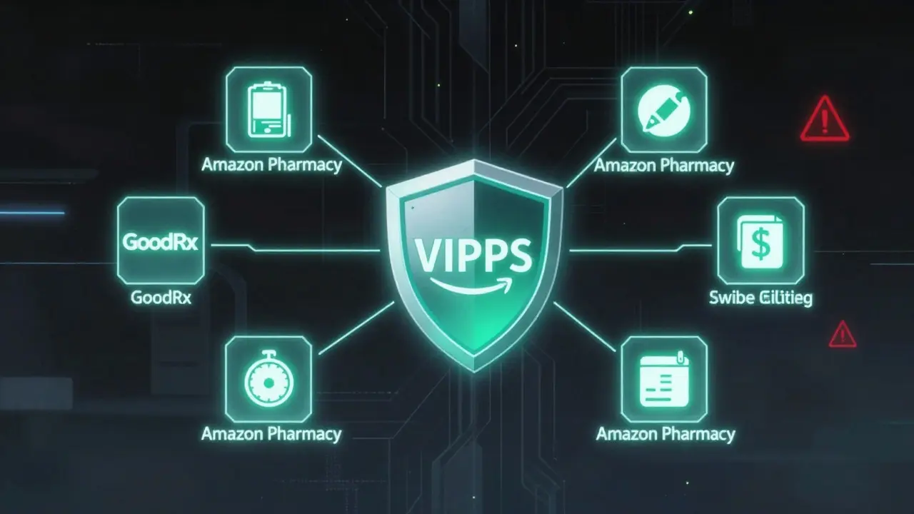 Digital interface showing safe online pharmacy options and security badges