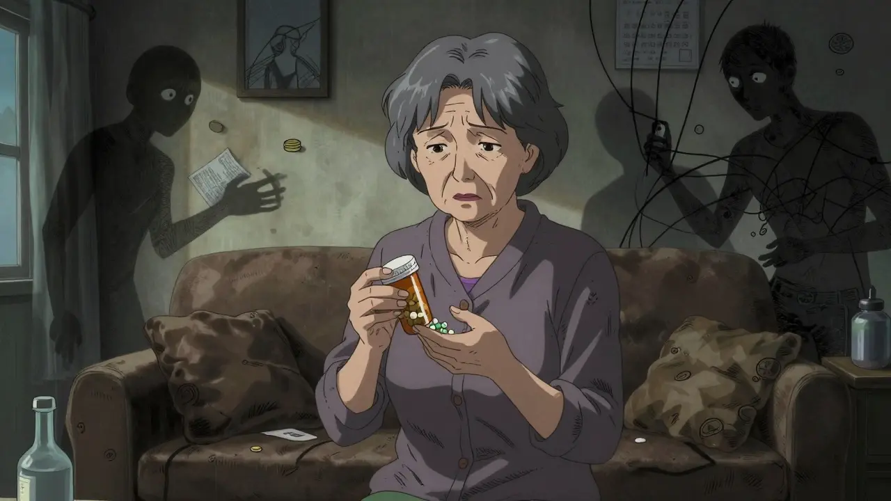 Elderly woman worried about medication costs in a dark room