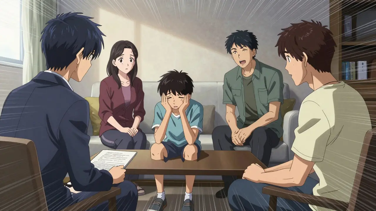 Family therapy session breaking down barriers, anime