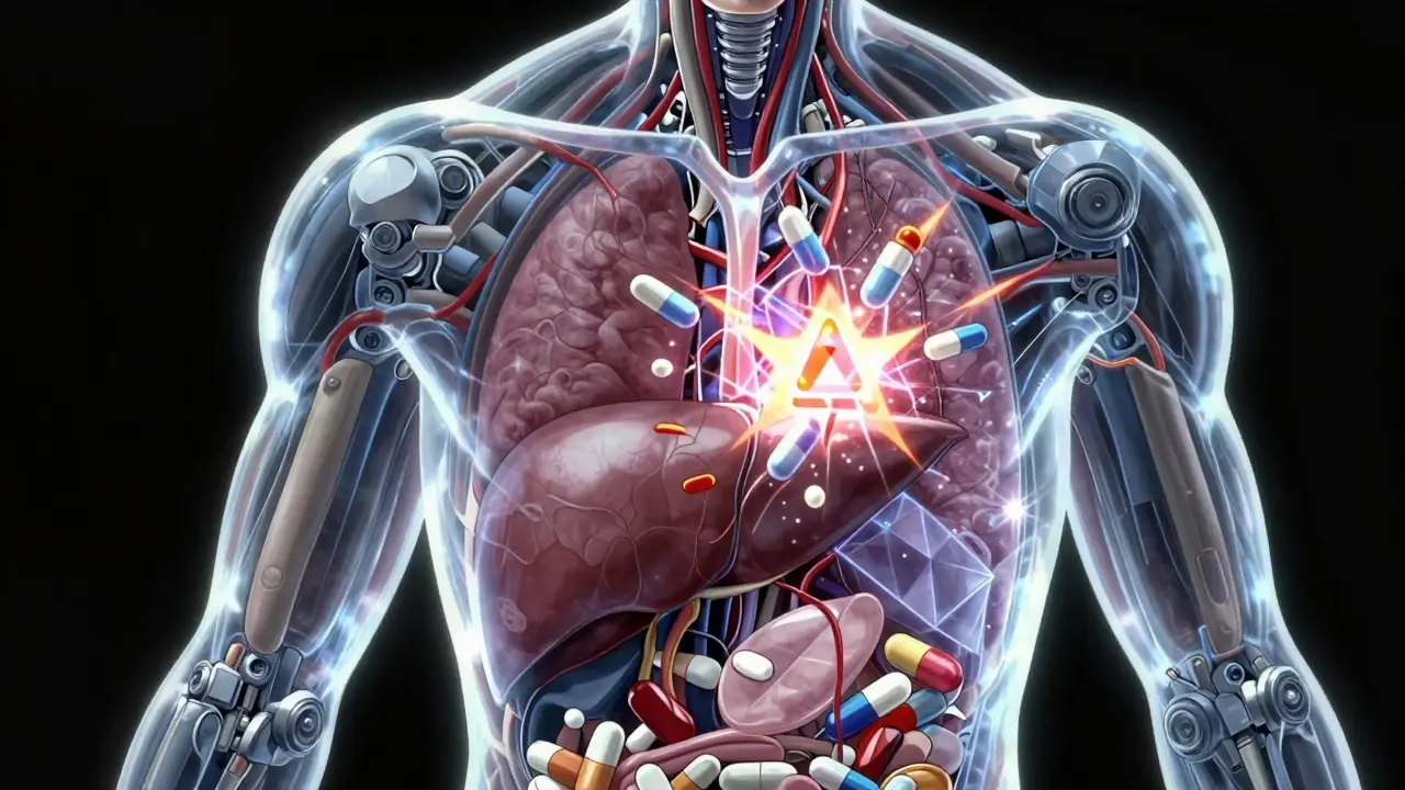 Futuristic anatomical view showing drug molecules interacting inside the body.