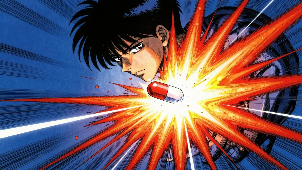 Manga illustration of a sudden, explosive immune reaction to medication