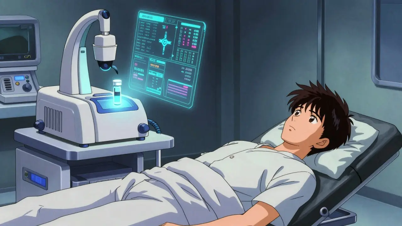 Patient undergoing advanced genetic and enzyme testing in a futuristic clinic
