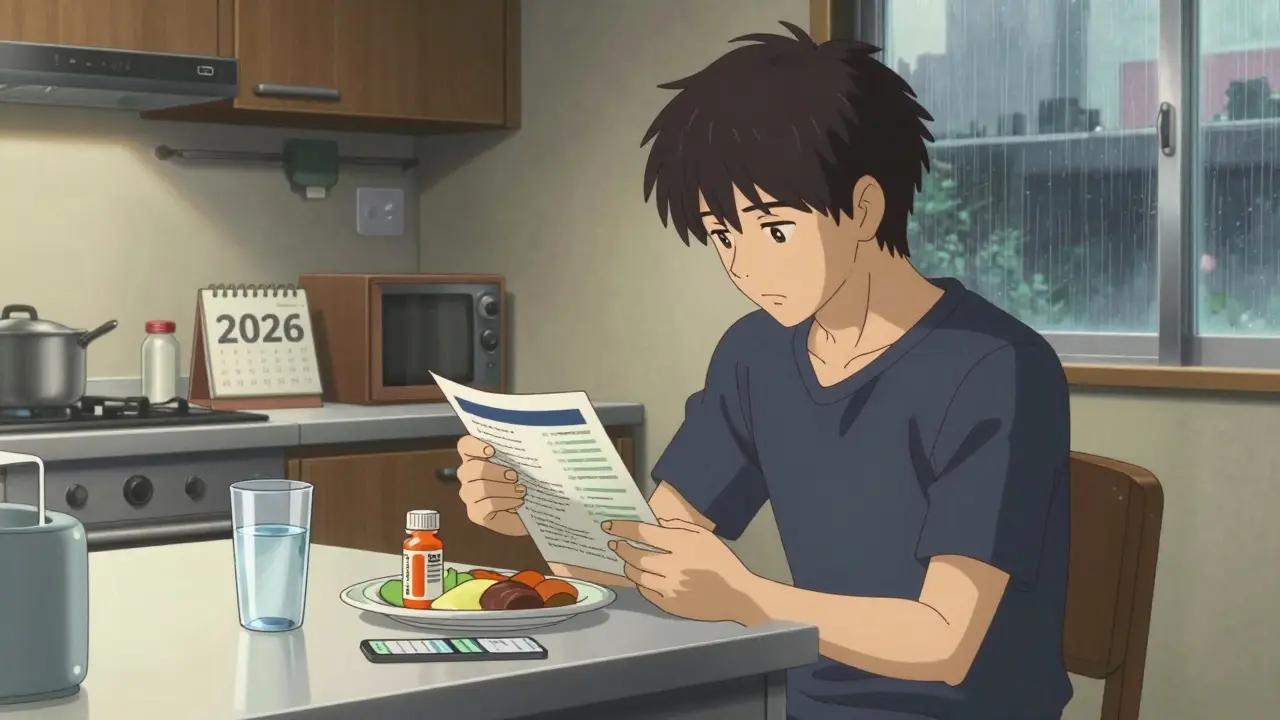 Person taking ibuprofen with food and water in a safe home setting