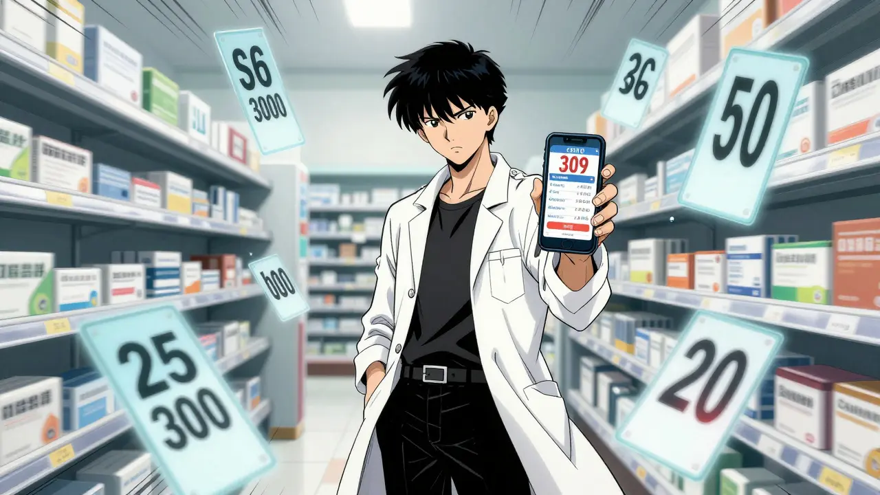 Person using phone coupon at pharmacy with falling prices