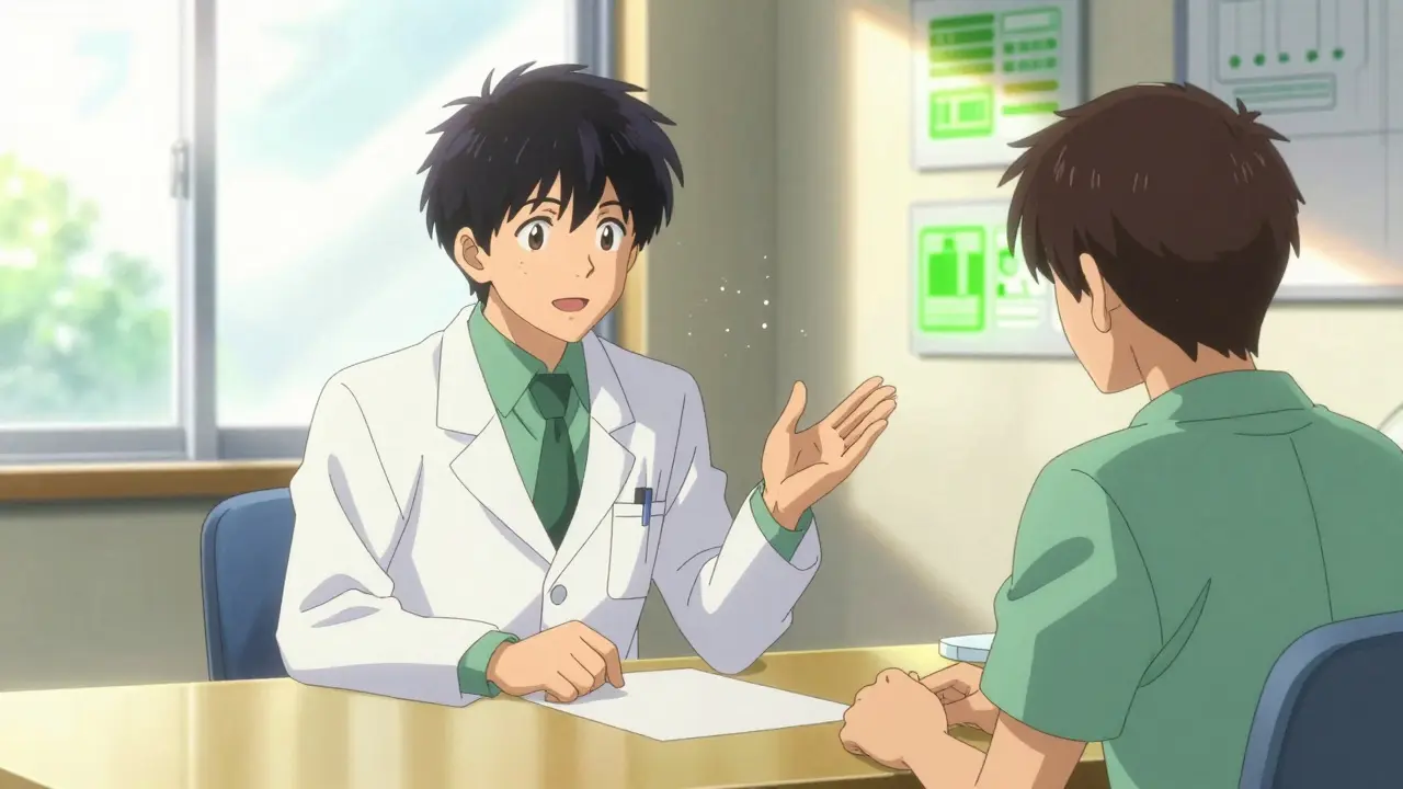 Pharmacist counseling a patient in a bright, hopeful consultation