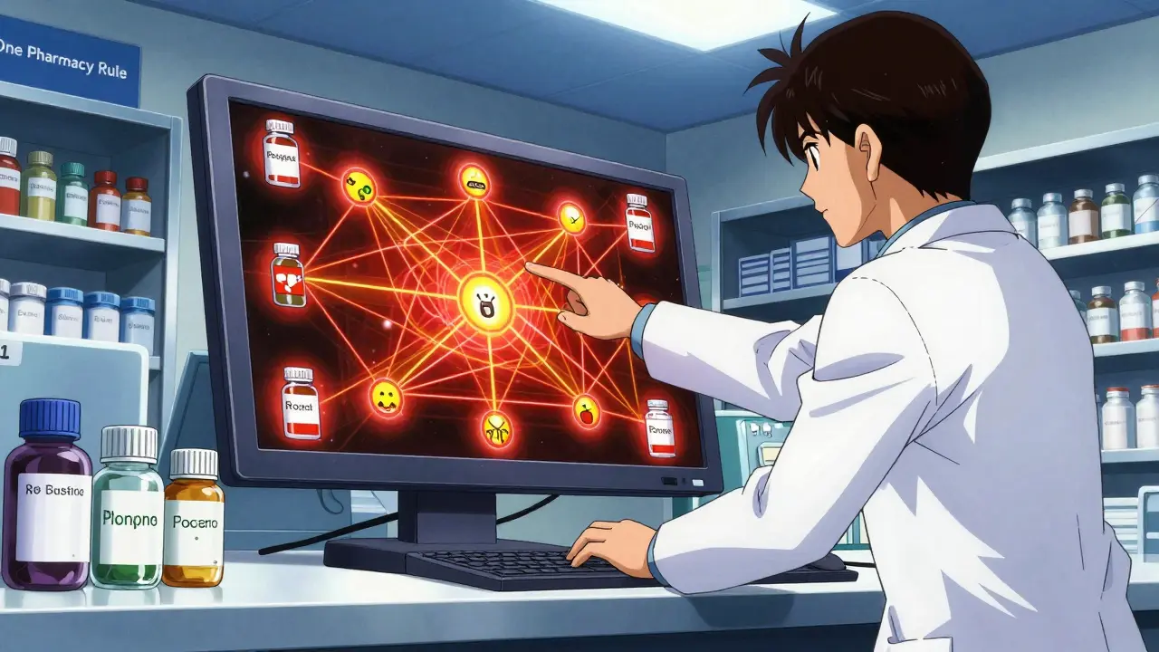 Pharmacist reviewing a digital map of drug interactions on a computer screen.