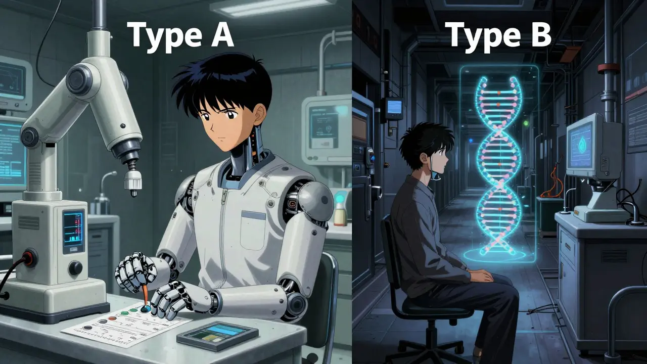 Sci-fi manga scene contrasting dose adjustment with genetic screening