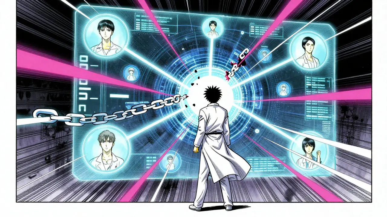 Scientist breaking data chains revealing new medical evidence