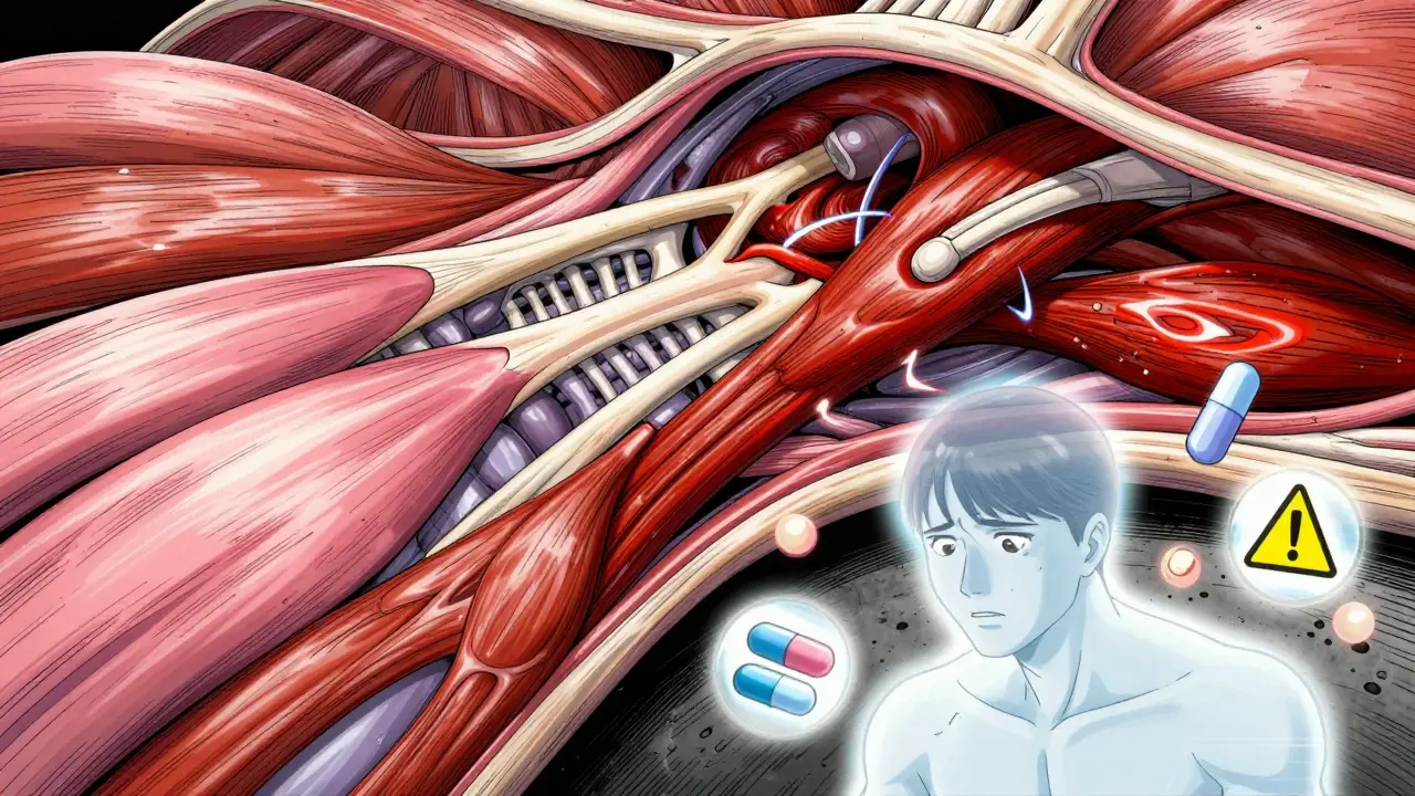 Stylized depiction of muscle fibers and enzymes reacting to medication