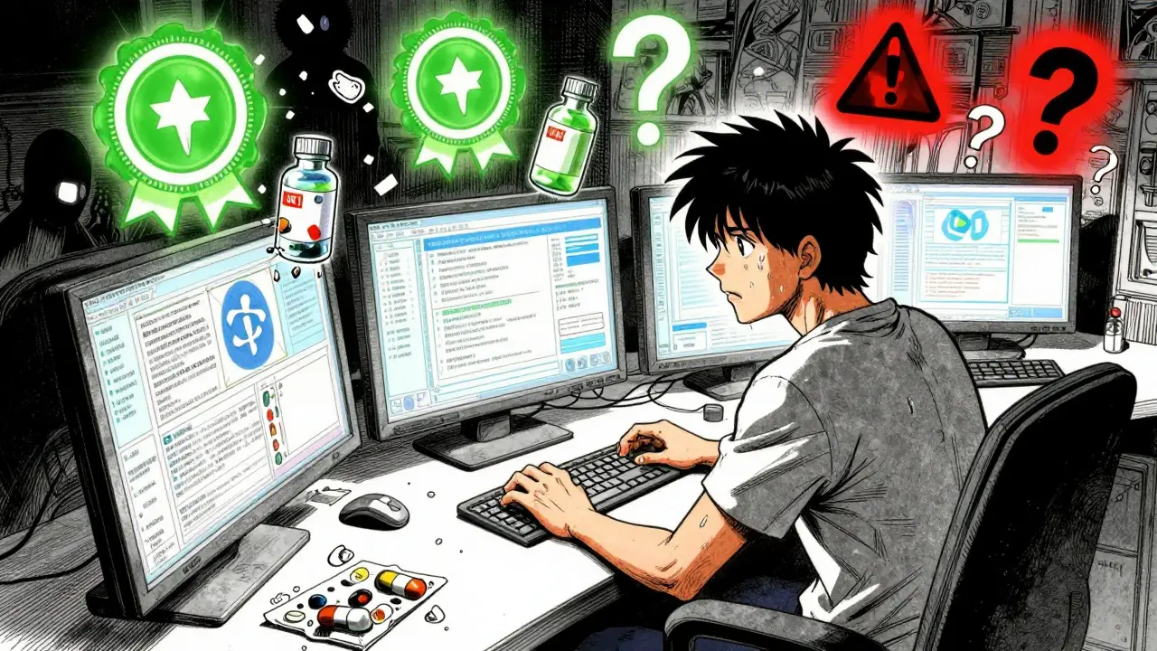 Anxious person browsing risky online pharmacy websites