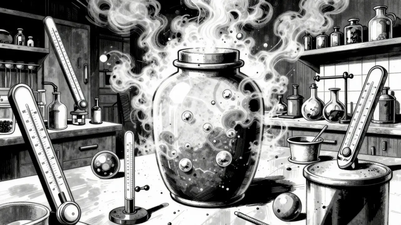 Chaotic manga scene of fermenting jar in lab setting