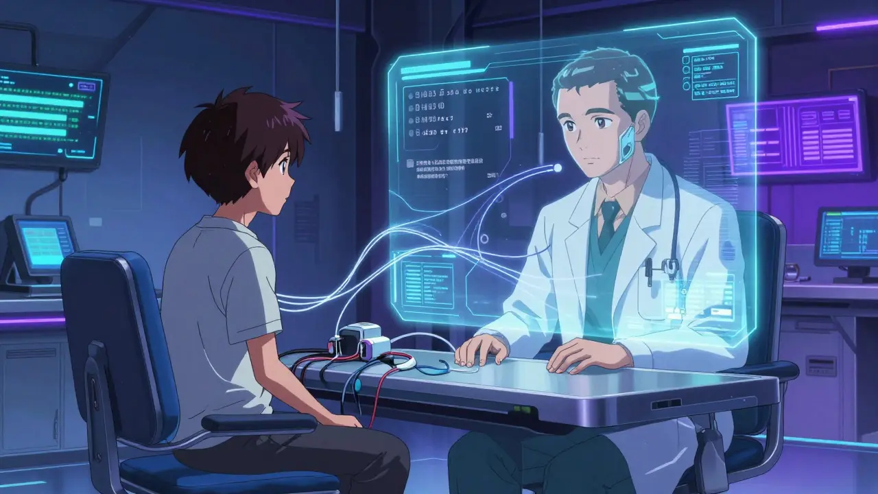 Futuristic telemedicine video call with holographic doctor